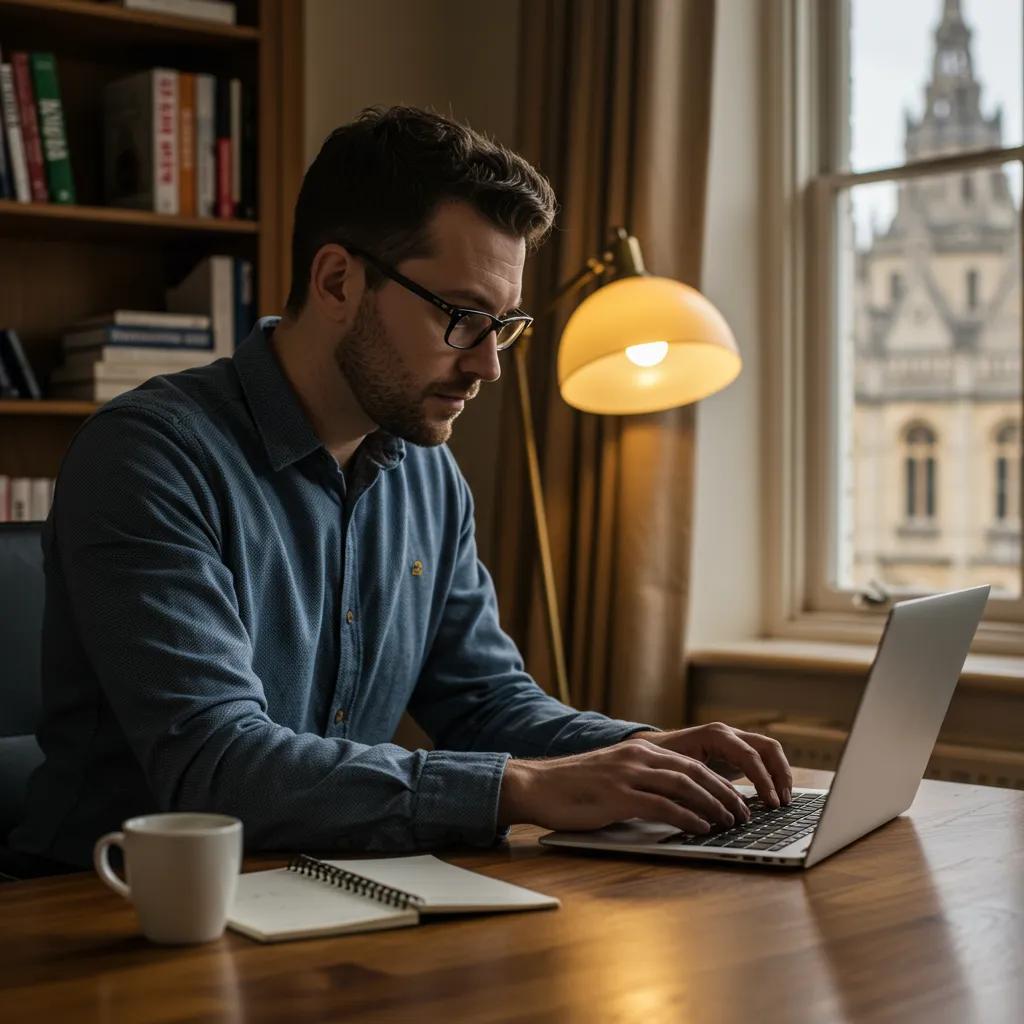 Investigator reviewing evidence in a professional office in Oxford