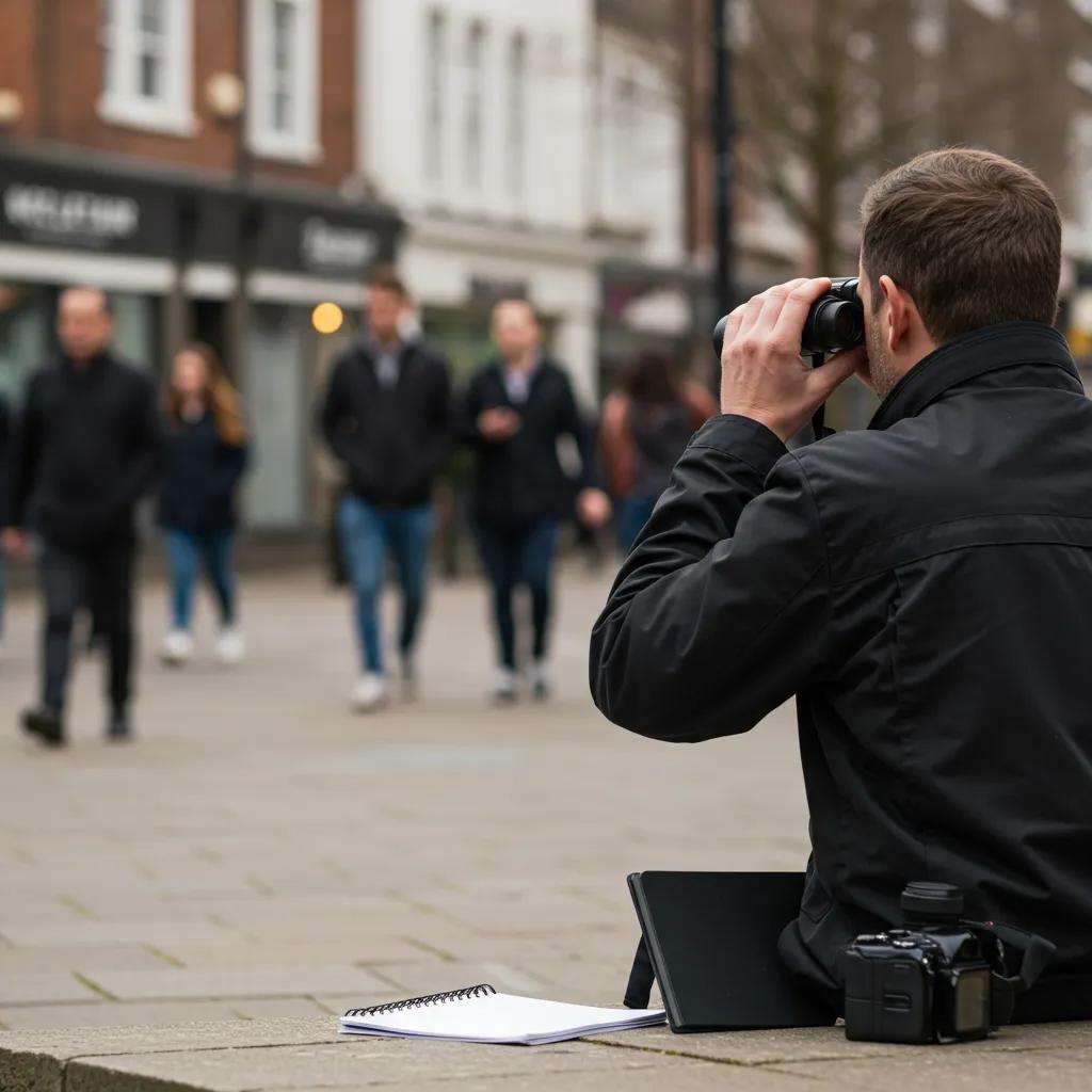 Private investigator conducting discreet surveillance in Colchester, showcasing covert investigative techniques