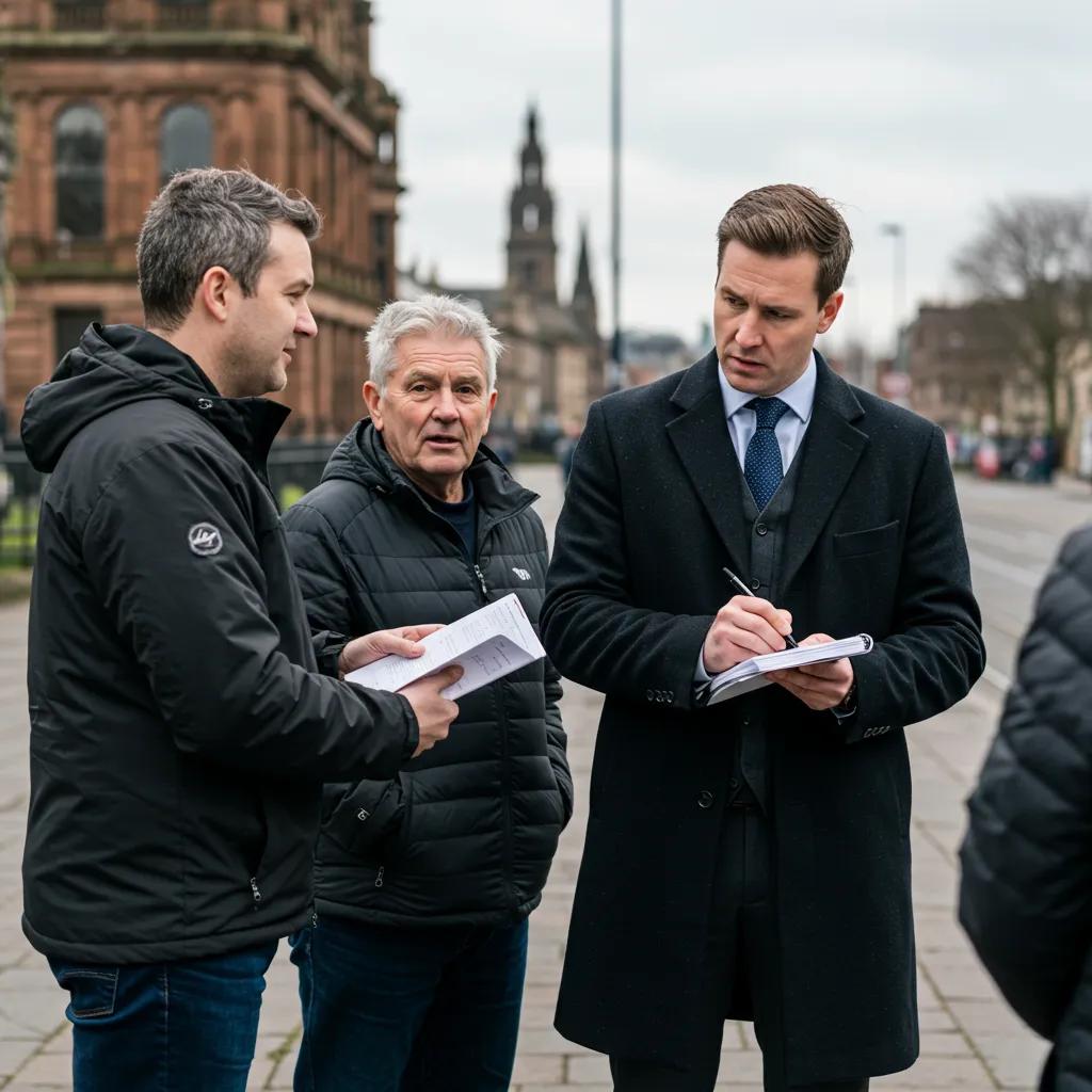 Private investigator conducting fieldwork in Glasgow, interacting with locals