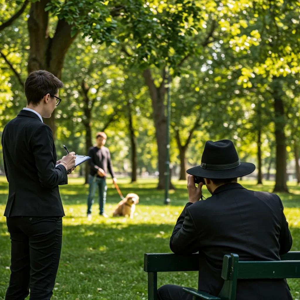 Private investigator conducting surveillance in a public park