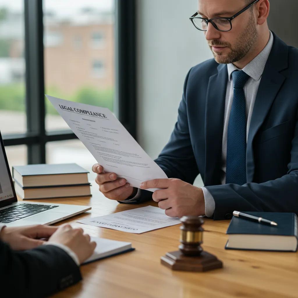 Private investigator discussing legal compliance with a client in a professional office setting