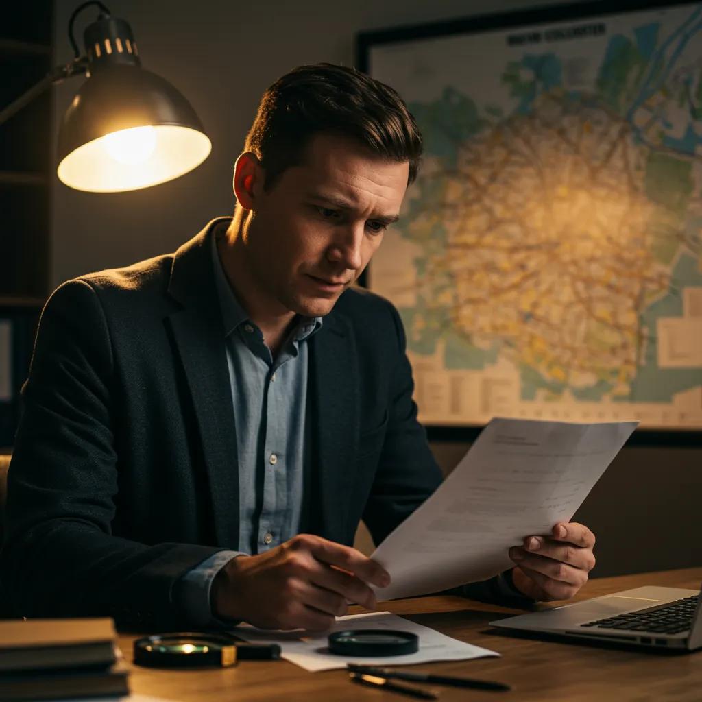 Private investigator examining documents in a Colchester office, symbolizing trust and professionalism