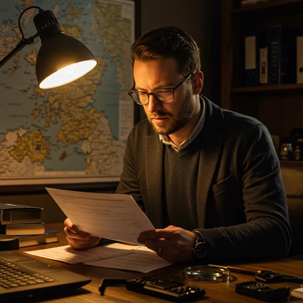 Private investigator examining documents in a cozy office with a map of Scotland in the background