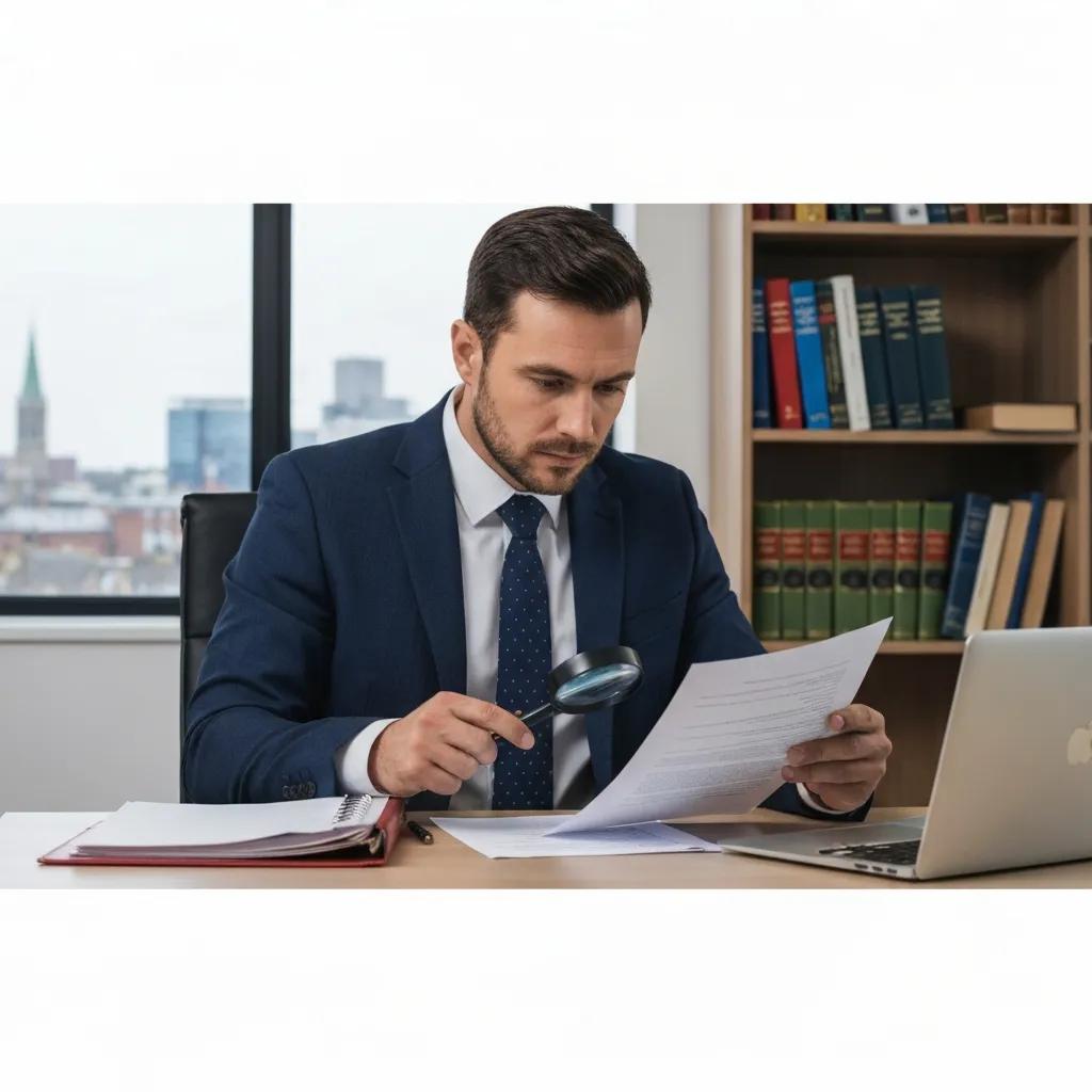 Private investigator reviewing documents in a professional office