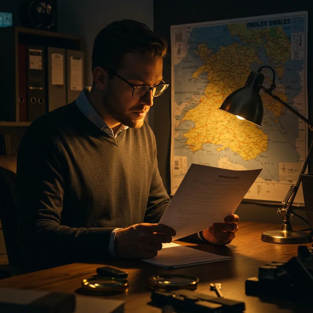 Private investigator examining documents in a professional office setting in Wales