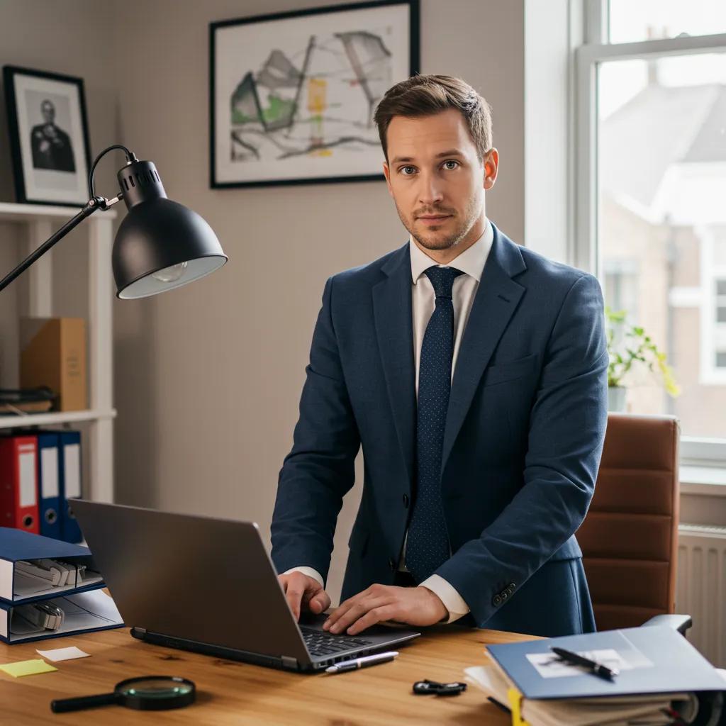 Private investigator in Bedford using a laptop for people tracing