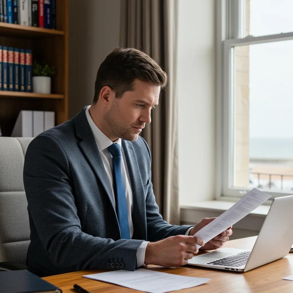 Private investigator in Brighton reviewing documents in an office setting
