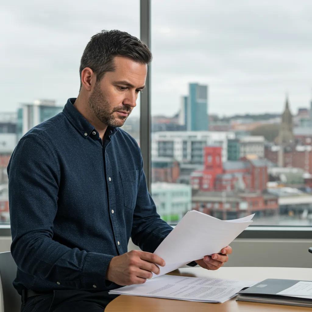 Private investigator in Cardiff reviewing documents in a modern office, showcasing professionalism and local expertise
