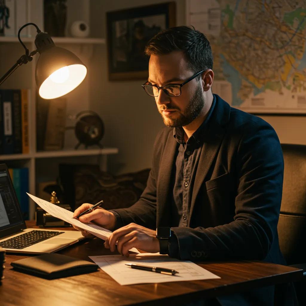 Private investigator in Glasgow reviewing documents and using a laptop in an office setting