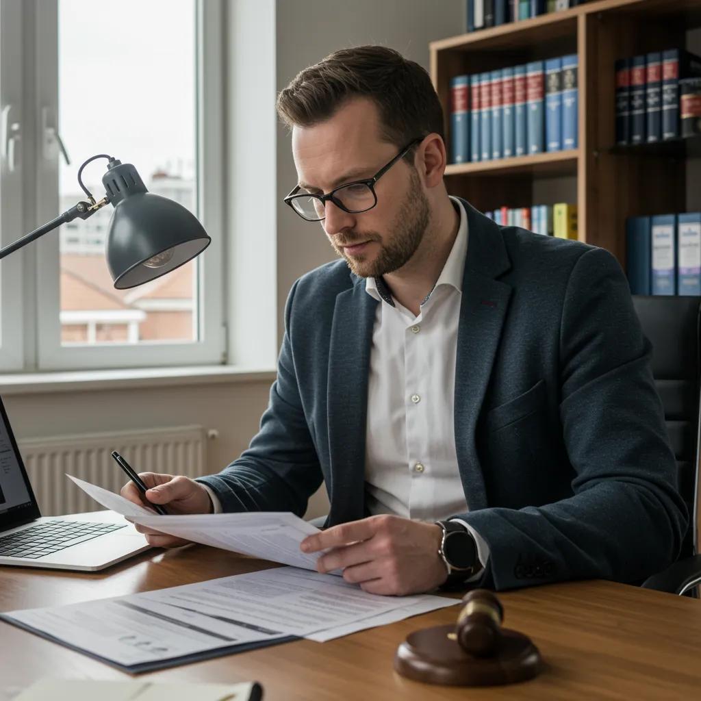 A private investigator in Leicester meticulously reviewing documents within a professional office setting.