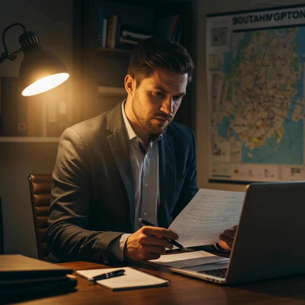 Private investigator in Southampton reviewing documents in a professional office environment