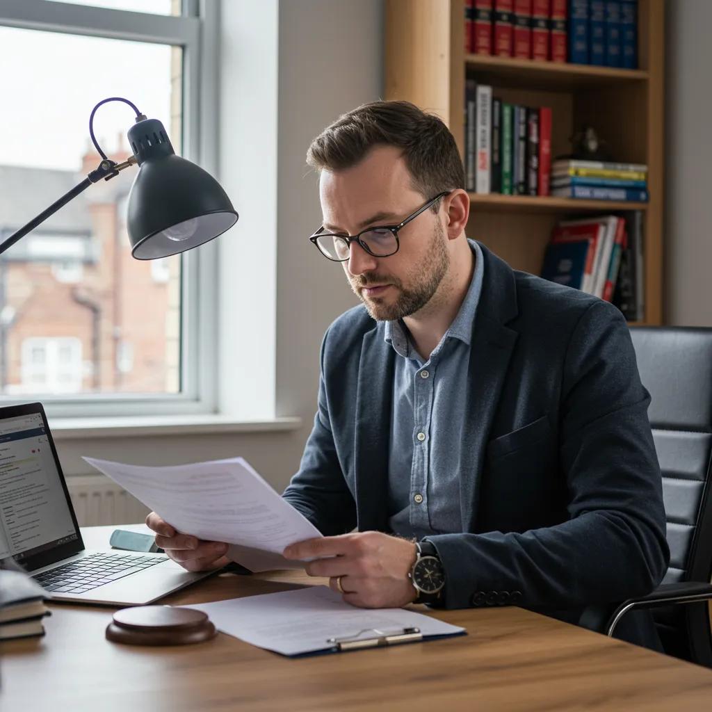 Private investigator in Swansea reviewing documents in an office setting
