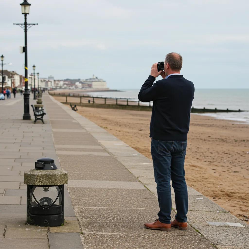 Discreet private investigator observing the Southend-on-Sea coastline with professional camera equipment