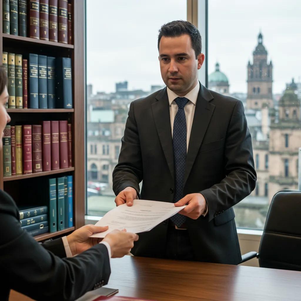 Process server handing legal documents in an office setting, reflecting professionalism and trust