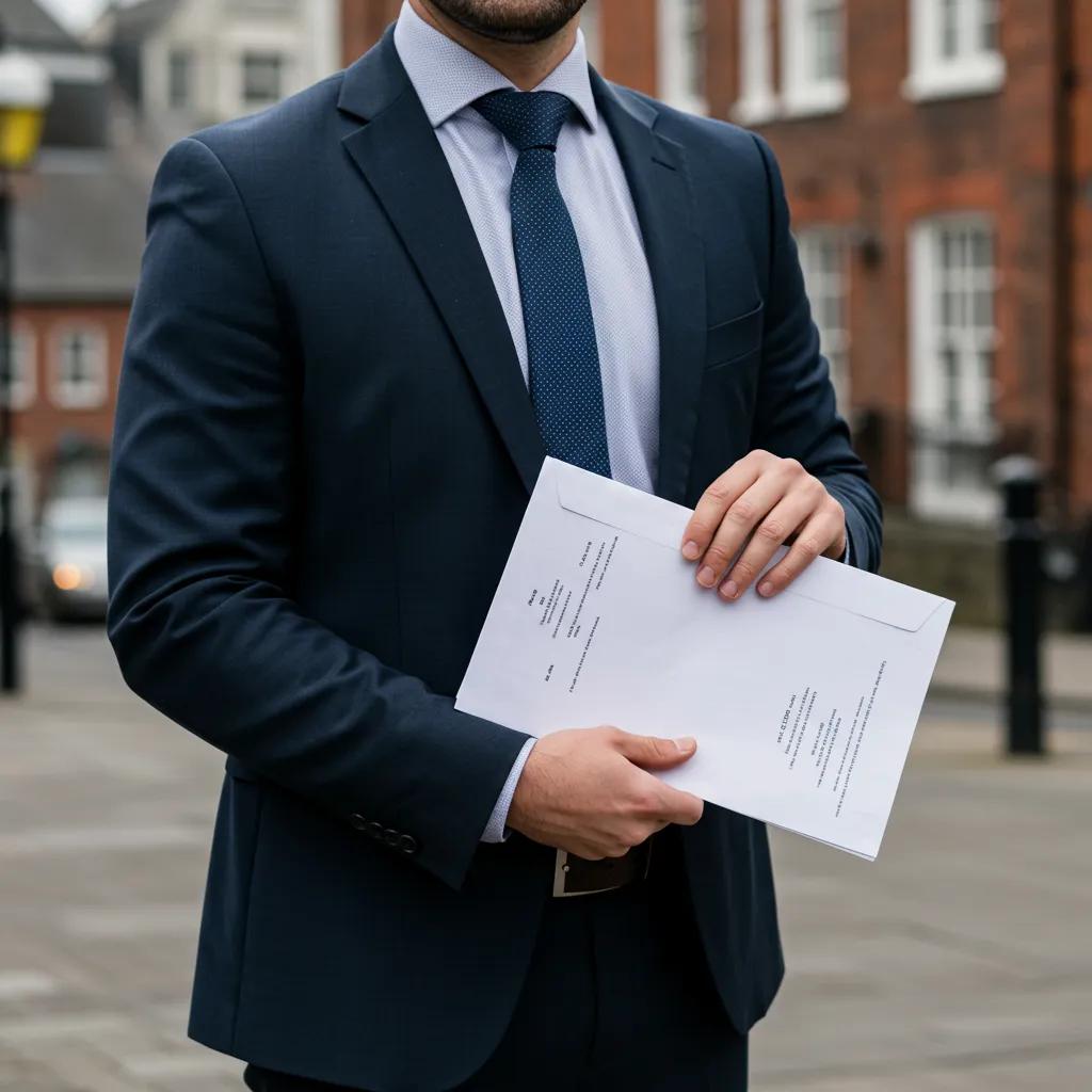 Process server delivering legal documents in a Welsh city