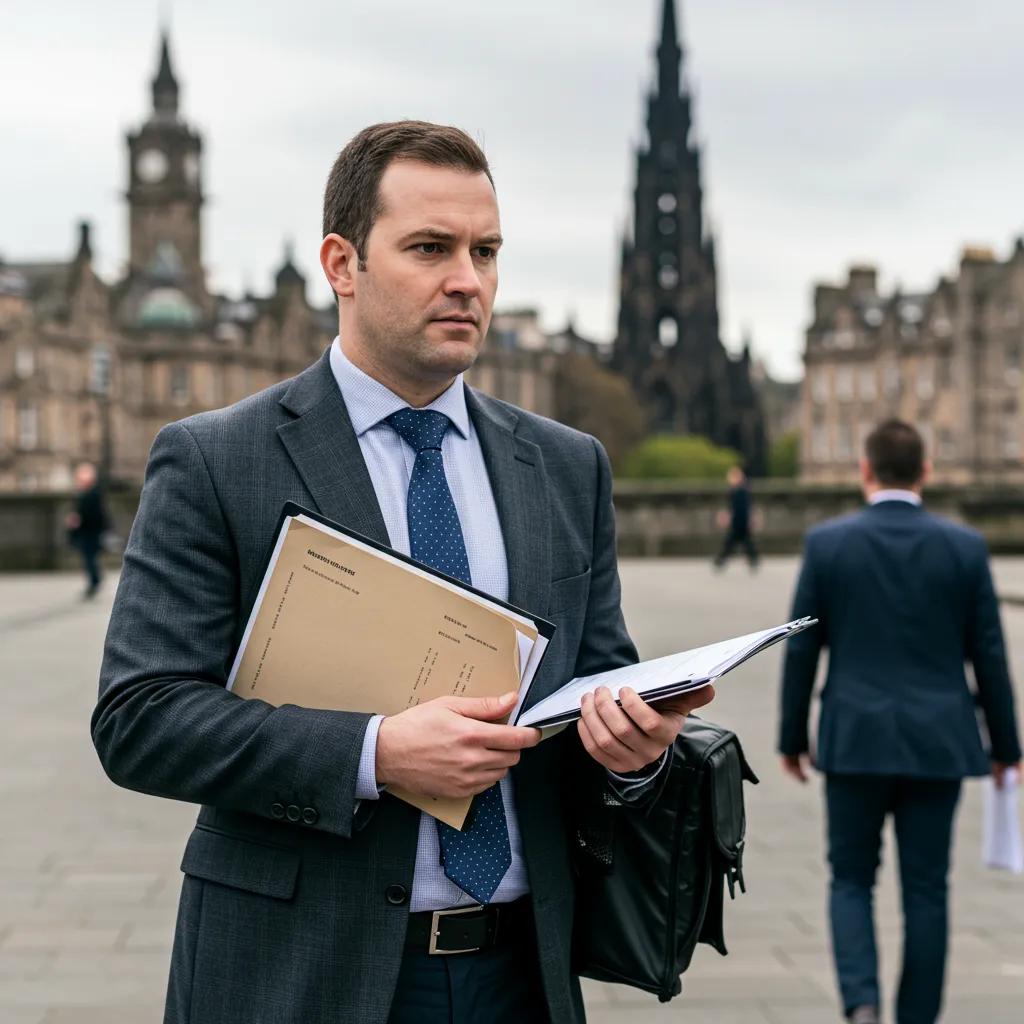 Process server delivering legal documents in Edinburgh, showcasing professionalism and urgency