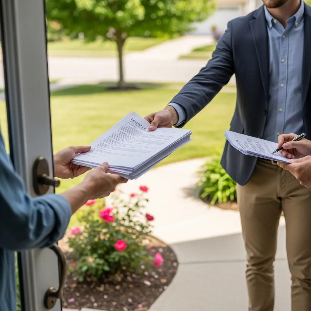 Process server handing legal documents to a recipient at a residence