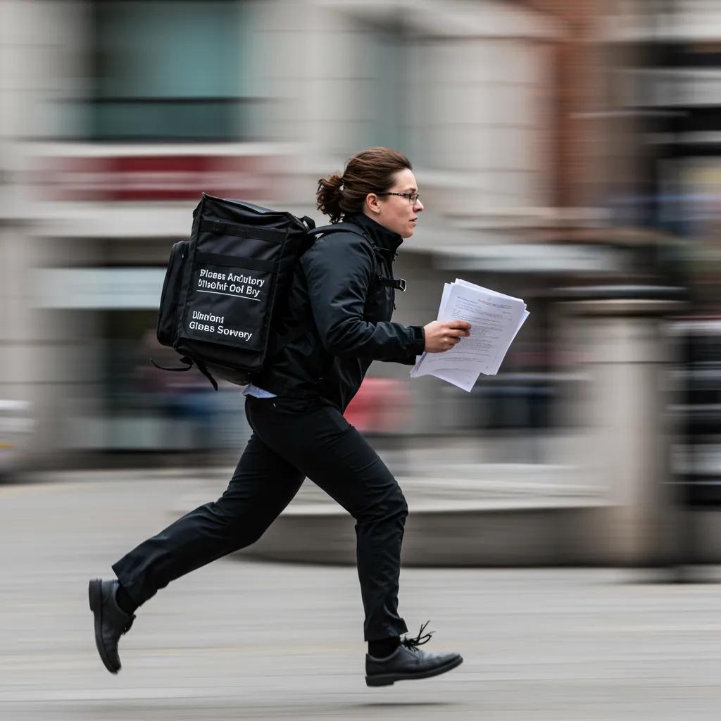 Process server delivering urgent legal documents on a busy Birmingham street