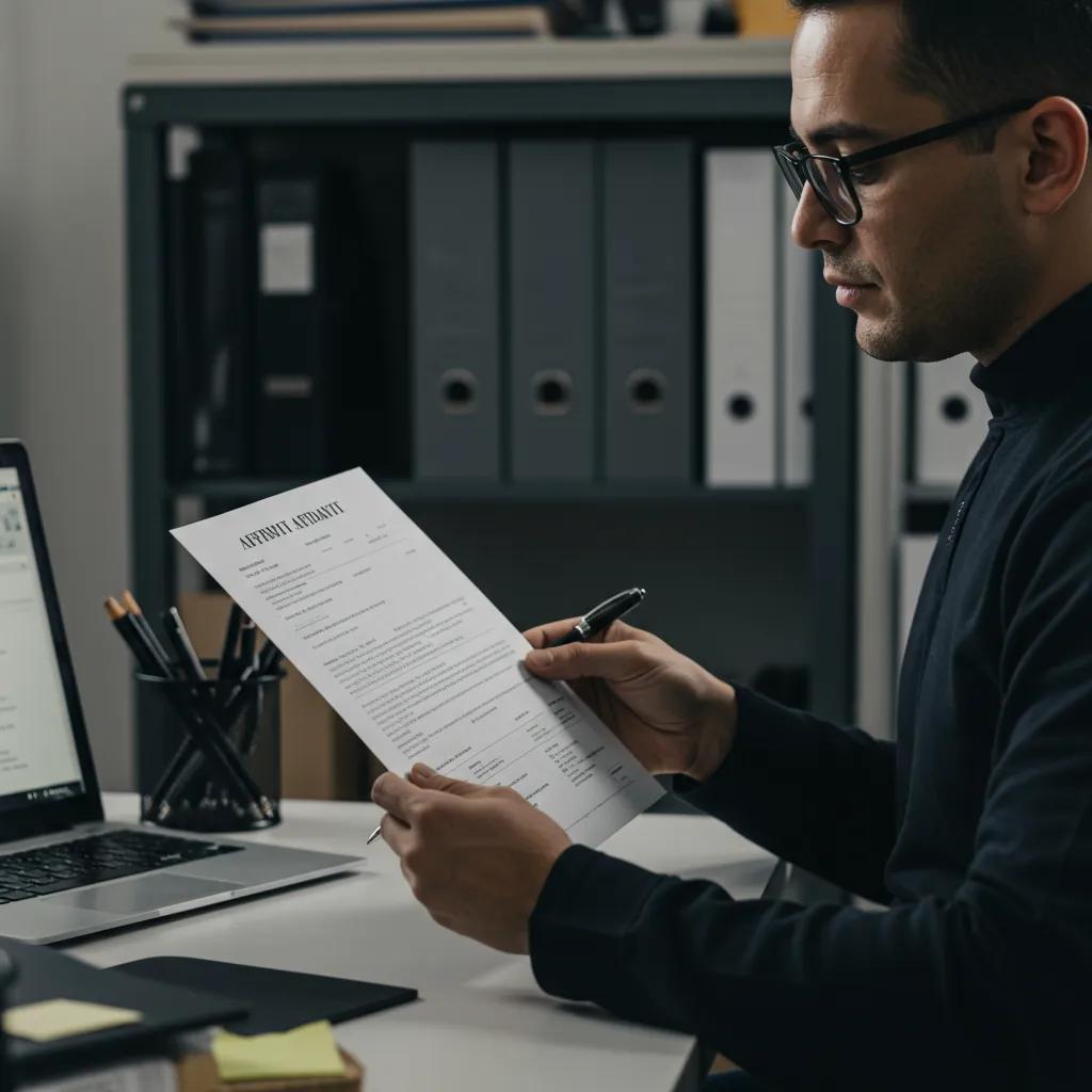 A professional process server meticulously reviewing a completed affidavit in a discreet office setting, highlighting our commitment to confidentiality and compliance