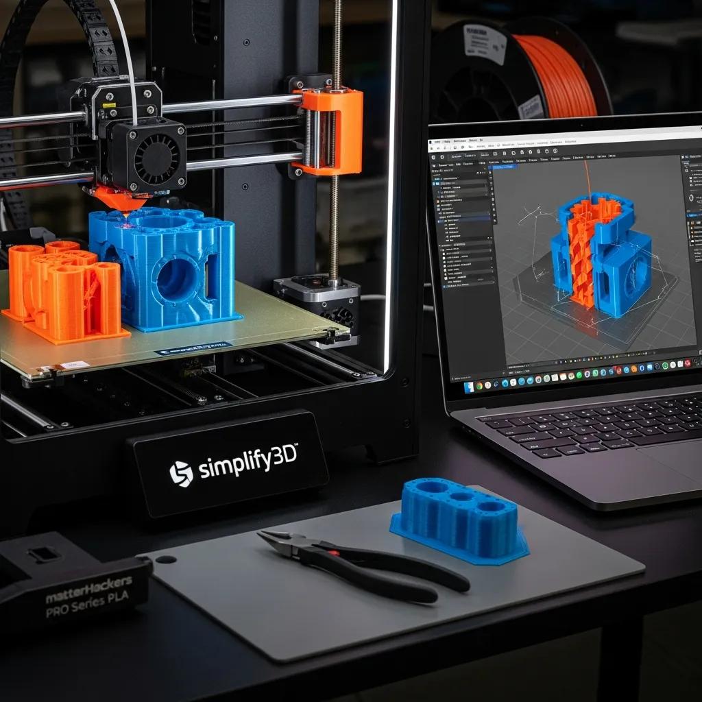 Professional 3D printer using Simplify3D software in a modern workspace