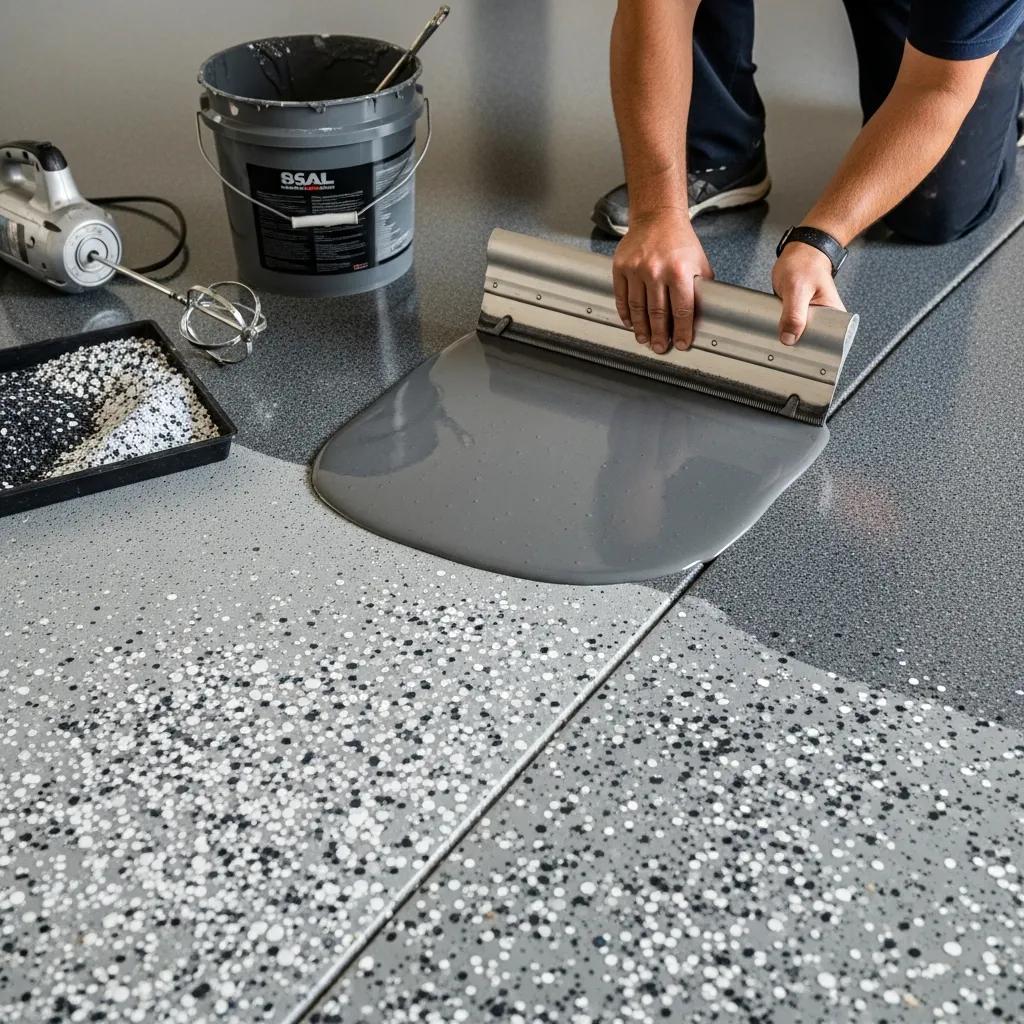 Installer applying an epoxy garage floor coating, showing texture and color options