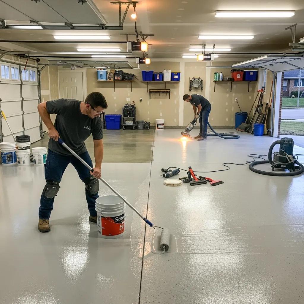 Technician applying polyaspartic floor coating in a Midwest garage — professional installation