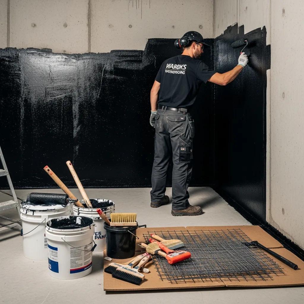 Professional applying waterproof membrane in a basement, emphasizing waterproofing services