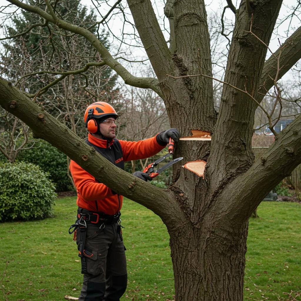 Professional arborist demonstrating proper pruning techniques on a large tree