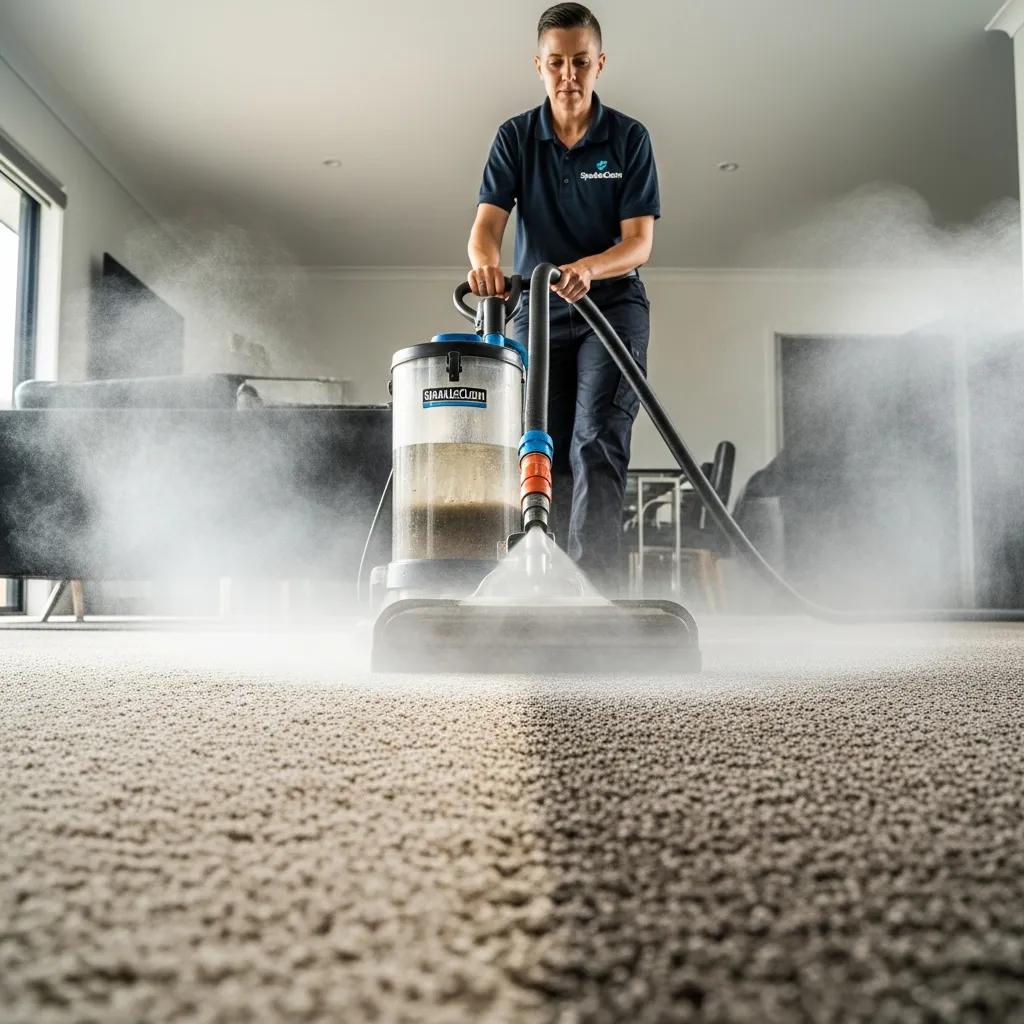Professional carpet cleaner using hot water extraction method for effective stain removal