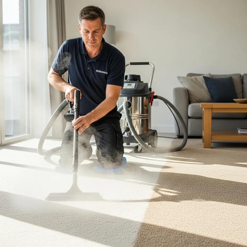 Professional carpet cleaner using steam cleaning method in a home environment