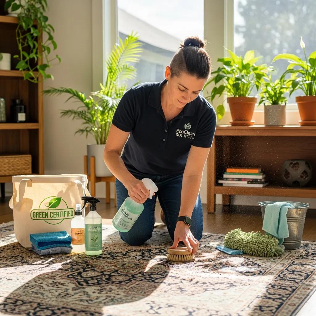 Professional cleaner using eco-friendly products on a rug, highlighting safe cleaning methods
