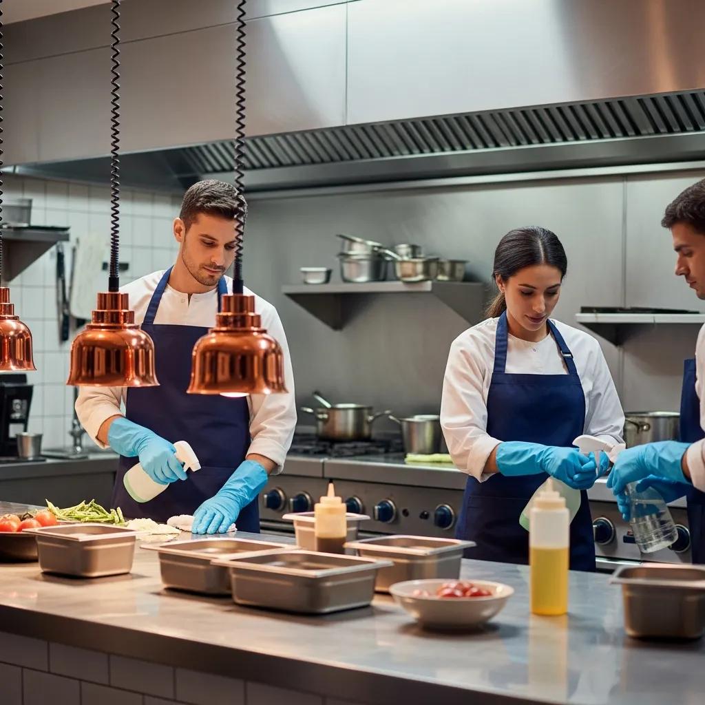 Professional cleaners sanitizing a restaurant kitchen, emphasizing deep cleaning importance