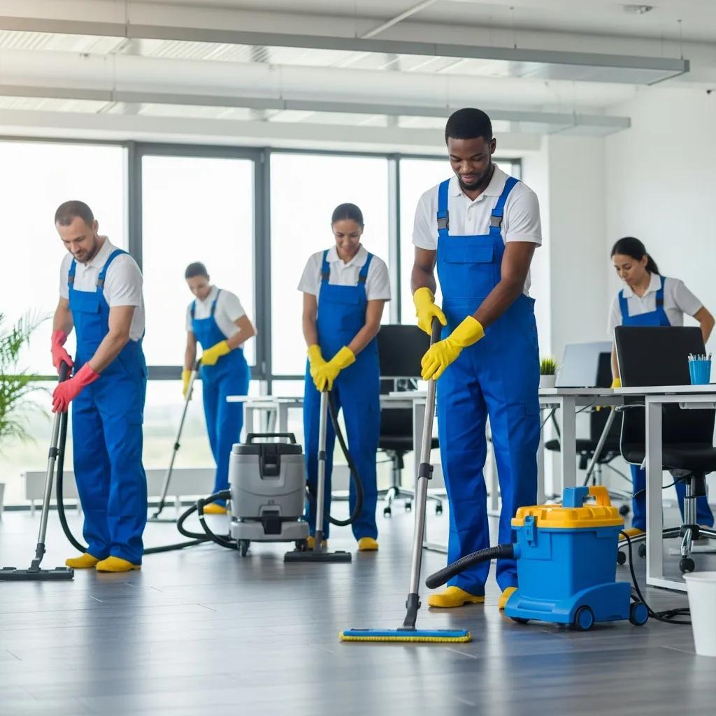 Professional cleaning crew working in a modern office space, emphasizing cleanliness and efficiency