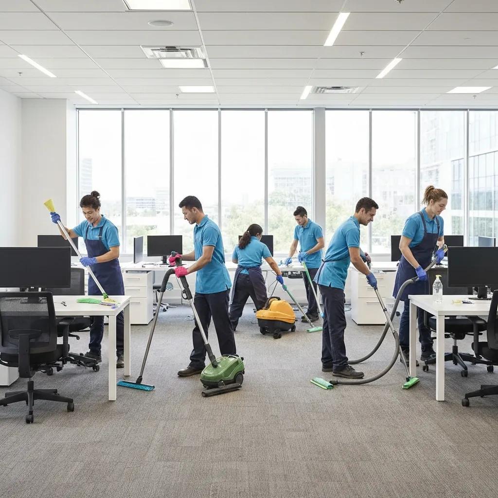 Cleaner carrying out office cleaning duties — desks, floors and shared areas kept spotless