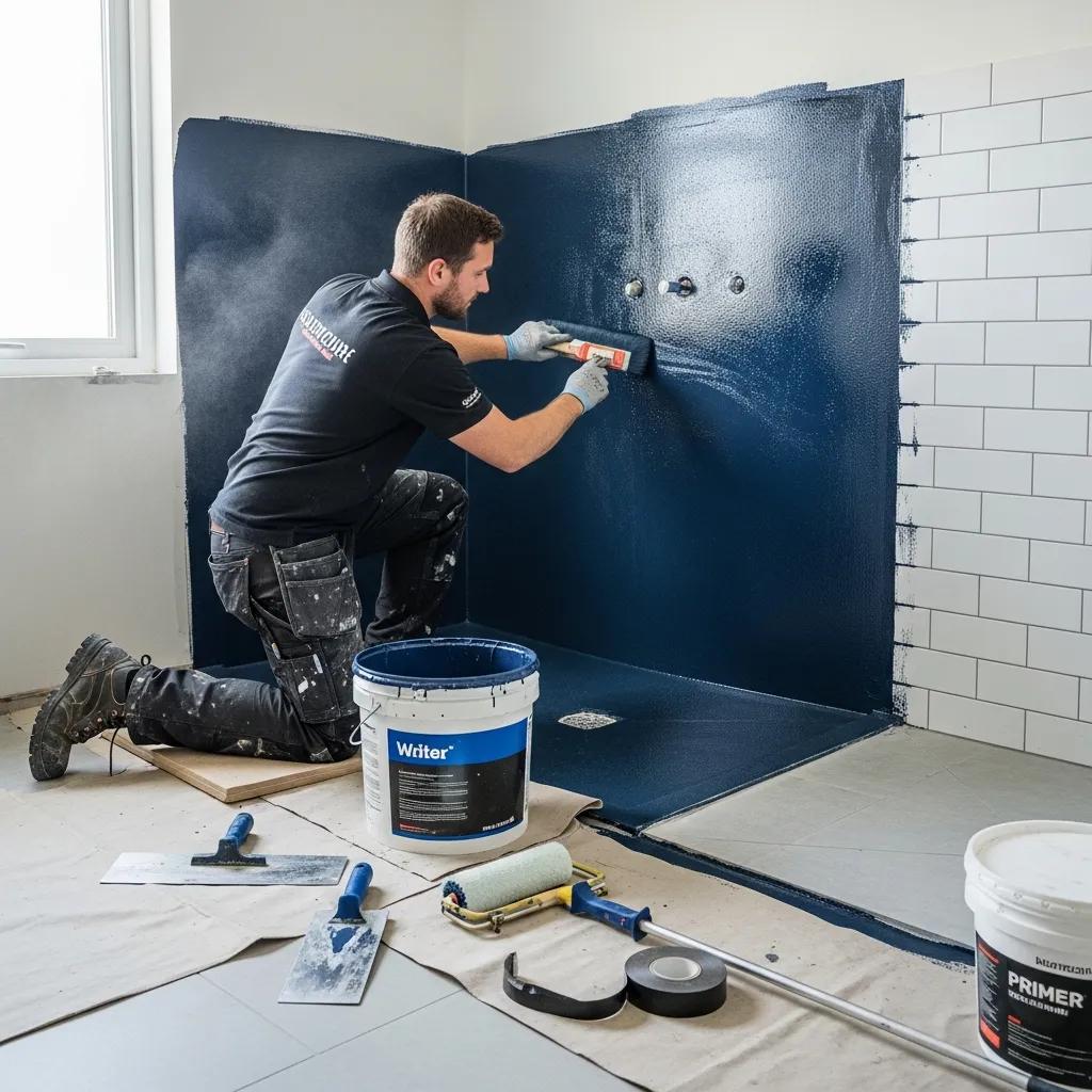 Professional contractor applying waterproofing solutions in a bathroom