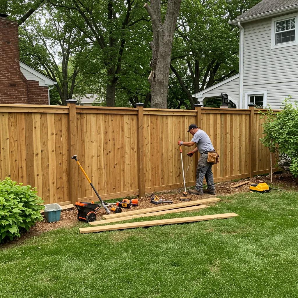 Professional contractor installing a wooden fence in a suburban Long Island yard