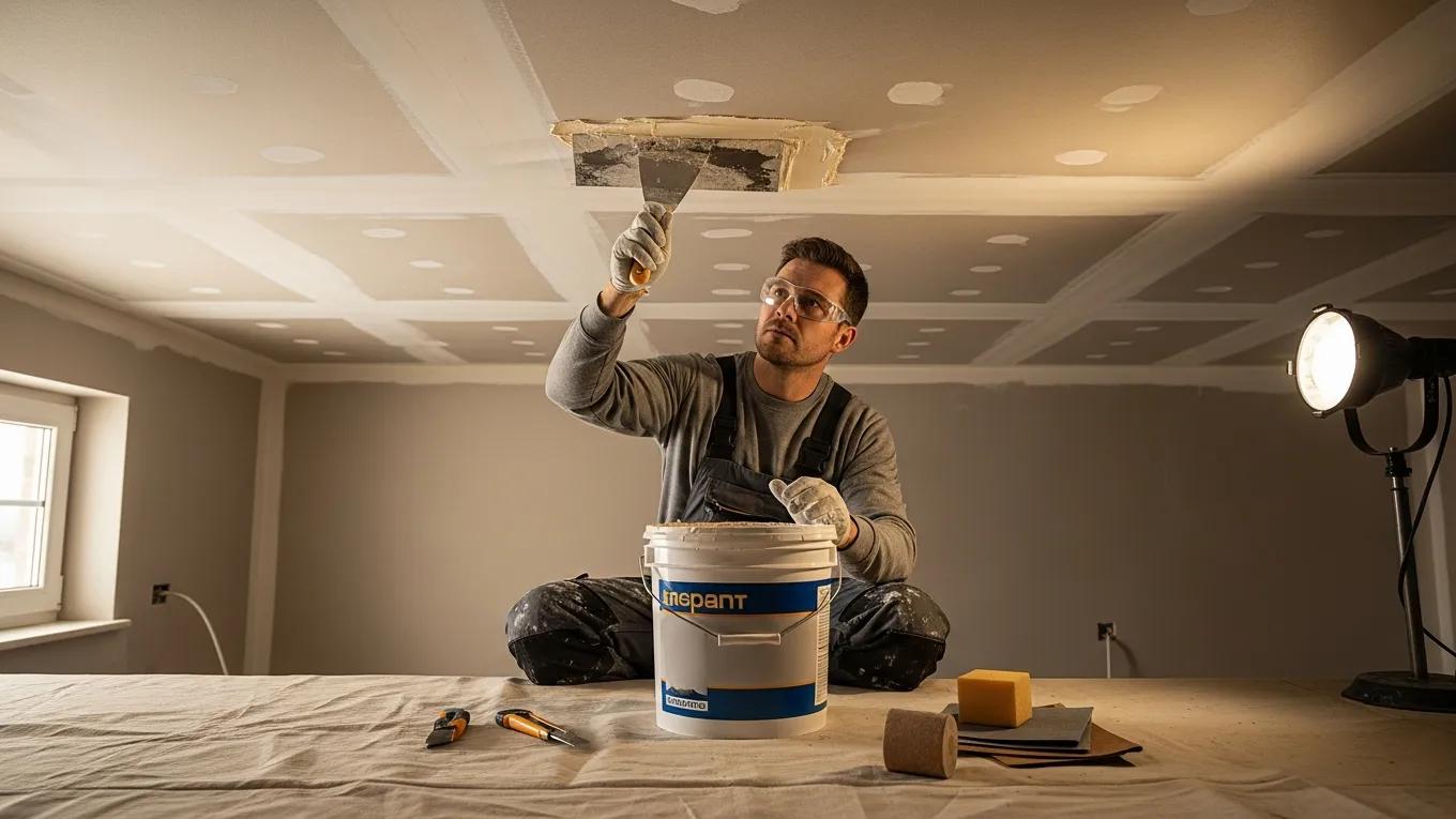 Professional contractor repairing a ceiling with tools, emphasizing ceiling repair services