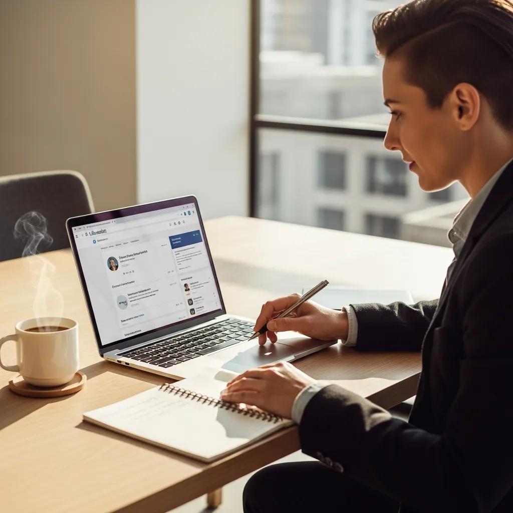 Professional engaging with LinkedIn on a laptop in a modern office setting
