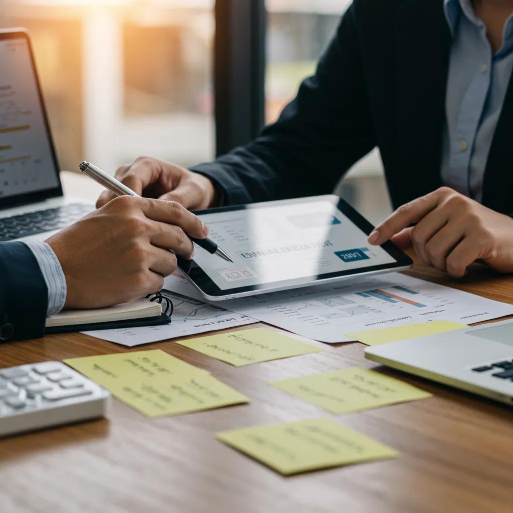 Professional evaluating software criteria on a tablet in a workspace