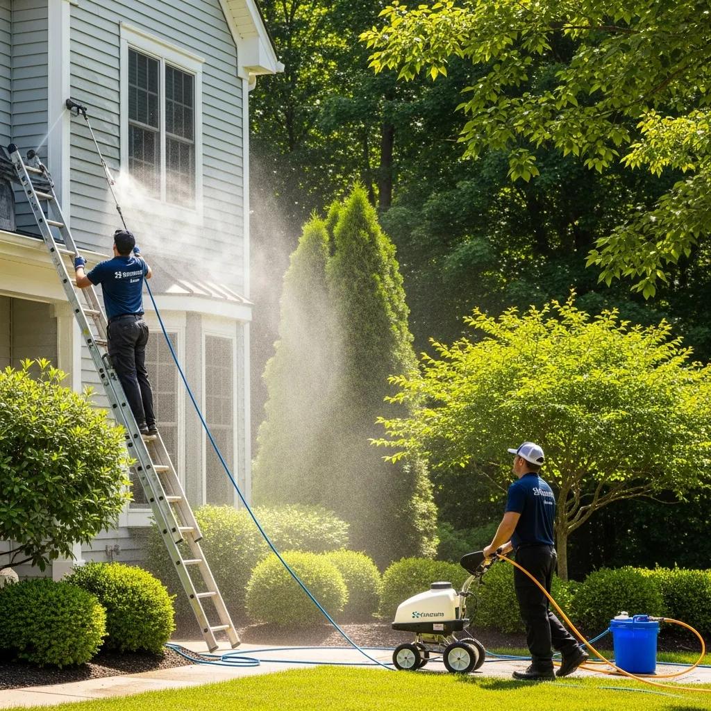 Our team using soft wash to gently clean a home's exterior