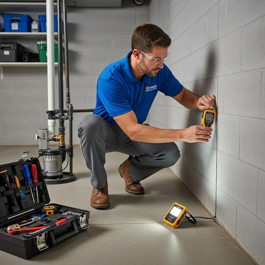 Dry Otter technician inspecting a basement for waterproofing issues with tools and equipment