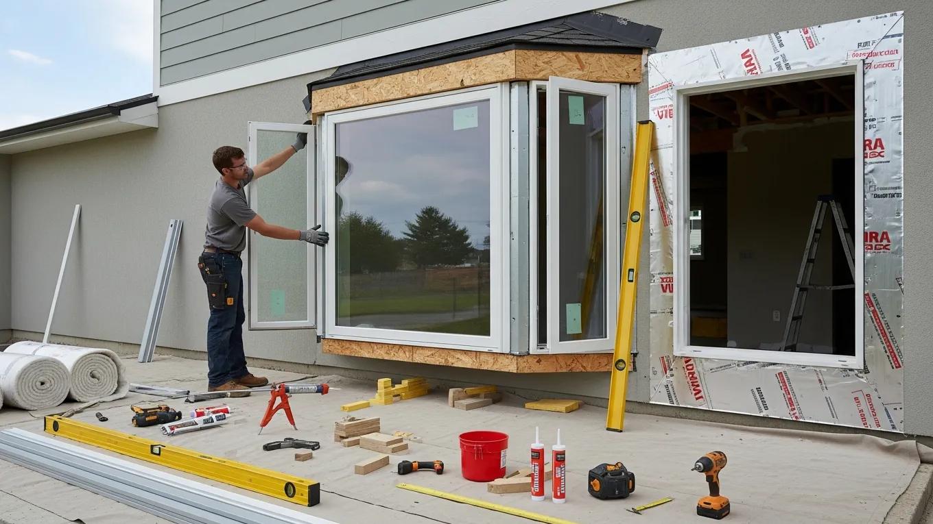 Professional installer fitting a bay window, showcasing craftsmanship and installation process