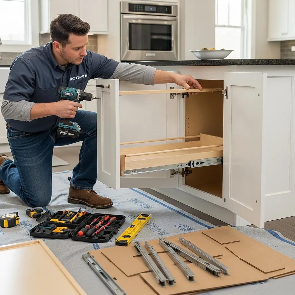 Reliance Cabinetry professional installer fitting pull-out shelves inside a cabinet