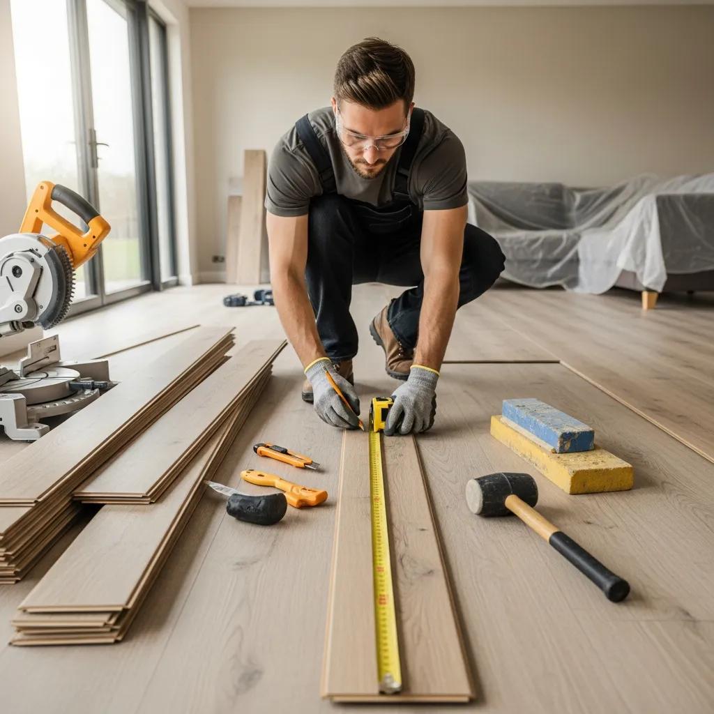 Installer measuring a floor during a home installation