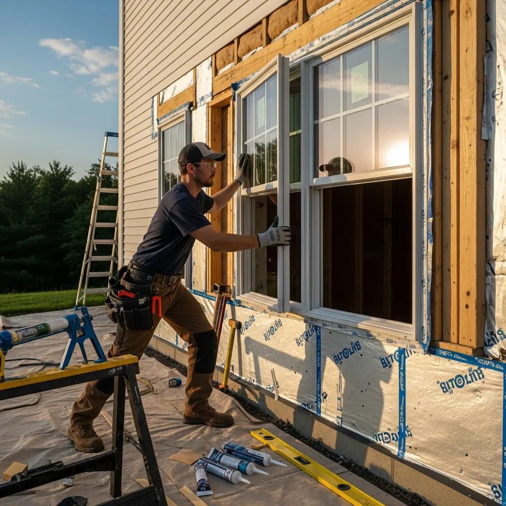 Professional installer placing double hung window during installation