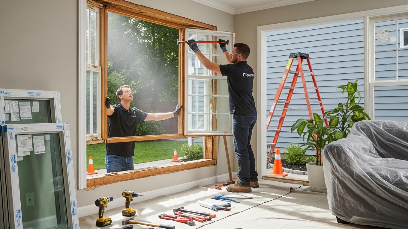 Professional installer removing old bay window during replacement