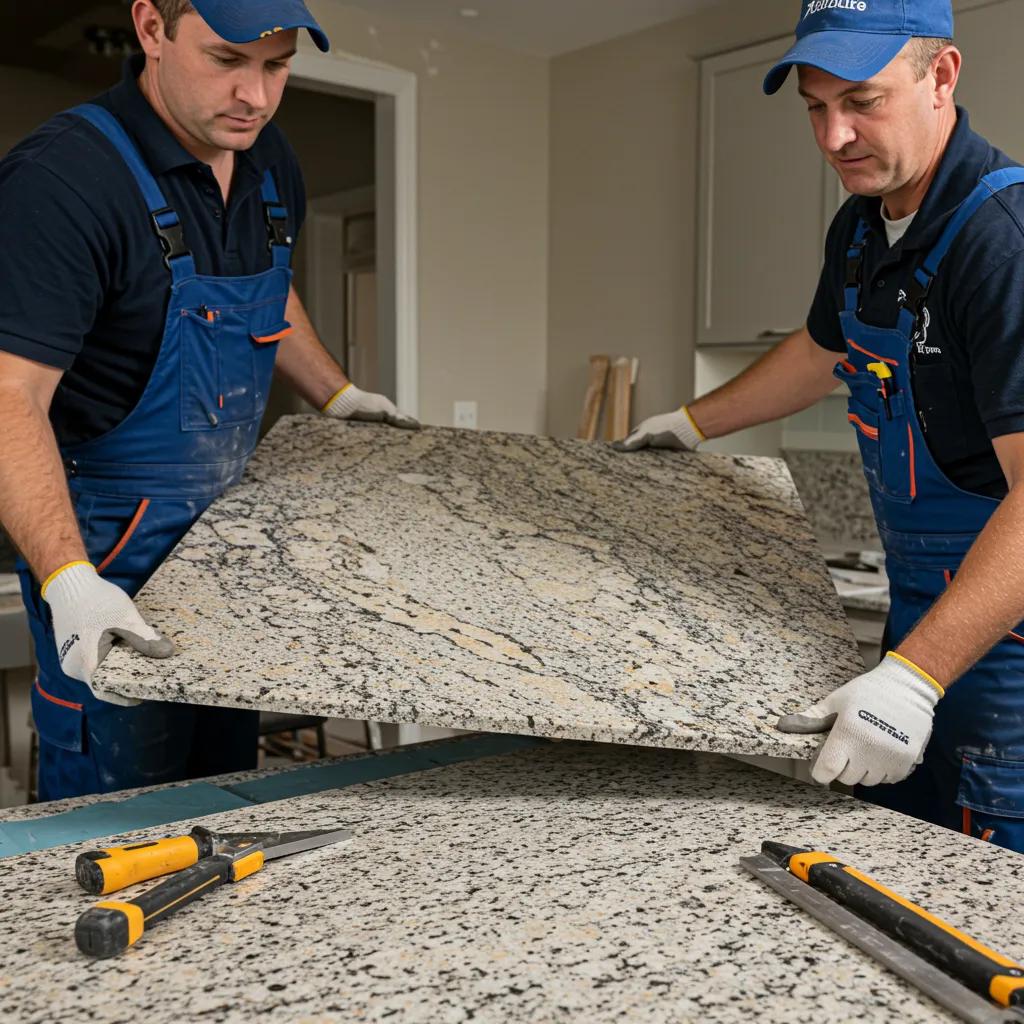 Professional installers placing granite slab in a kitchen, showcasing precision and teamwork