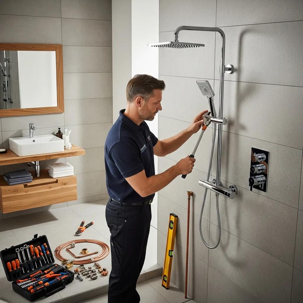 Professional installing a premium shower set, emphasizing proper installation techniques
