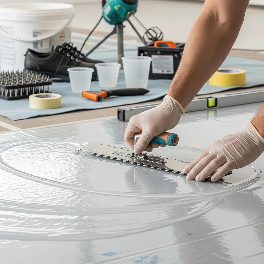 Installer applying a seamless flooring system with careful surface preparation