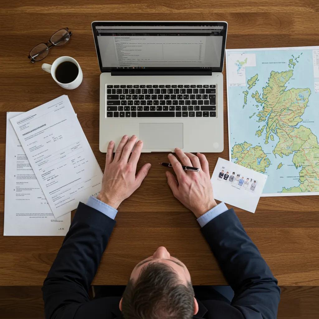 Professional investigator using a laptop for people tracing in Scotland